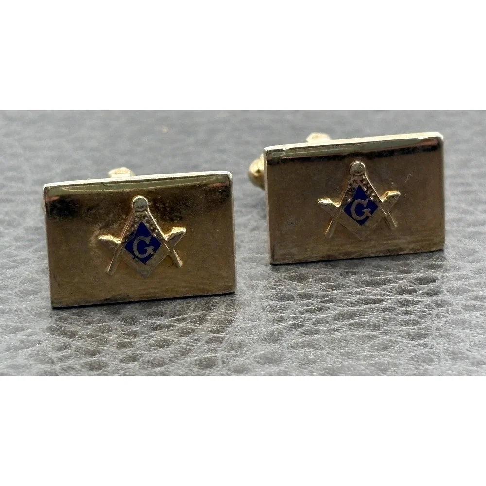 Vintage Flex-Let Masonic Free Mason Symbol Blue Enamel Cufflinks Gold Tone